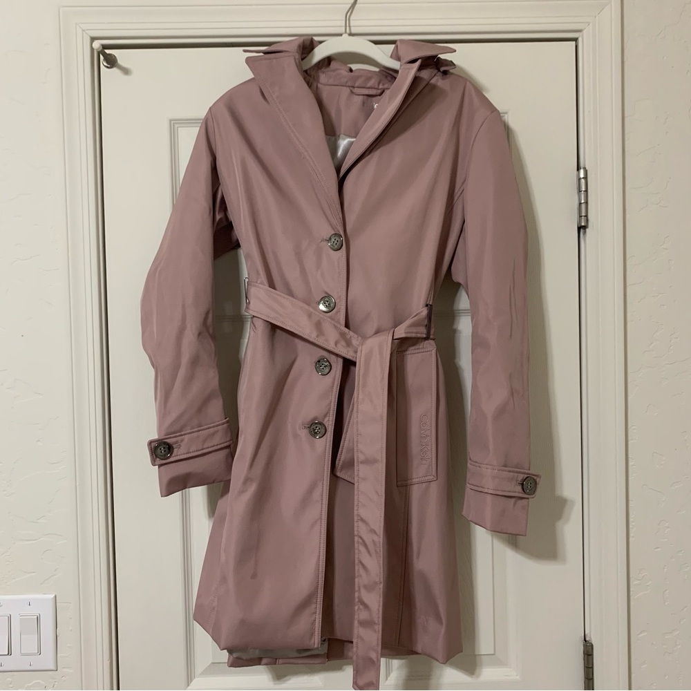 Calvin Klein Pink Trench Coat with Hood and Belt
